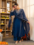 Alvami Women’s Blue Embroidered Straight Silk Kurta Pant With Dupatta Set