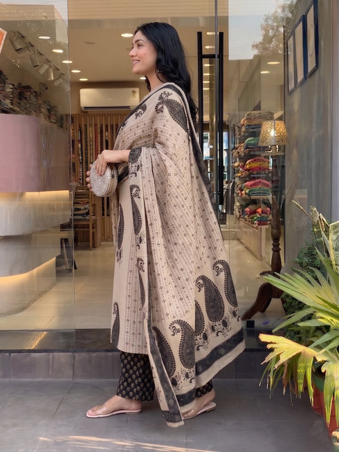 Alvami Women Black&Beige Viscose Printed Straight Kurta Set with Printed Palazzo Pants & Dupatta