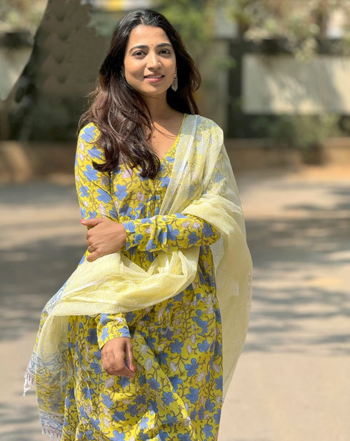 Alvami Women’s Yellow & Blue Flora Print Viscose Anarkali Kurta Pant With Dupatta Set