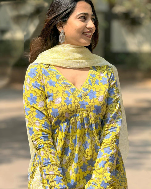 Alvami Women’s Yellow & Blue Flora Print Viscose Anarkali Kurta Pant With Dupatta Set