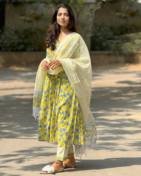 Alvami Women’s Yellow & Blue Flora Print Viscose Anarkali Kurta Pant With Dupatta Set