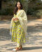 Alvami Women’s Yellow & Blue Flora Print Viscose Anarkali Kurta Pant With Dupatta Set