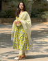 Alvami Women’s Yellow & Blue Flora Print Viscose Anarkali Kurta Pant With Dupatta Set