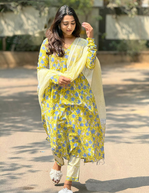 Alvami Women’s Yellow & Blue Flora Print Viscose Anarkali Kurta Pant With Dupatta Set