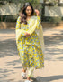 Alvami Women’s Yellow & Blue Flora Print Viscose Anarkali Kurta Pant With Dupatta Set