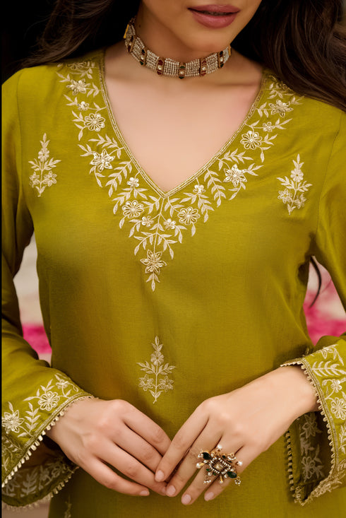 Alvami Women's Green Embroidered Silk Straight Kurta Pant with Dupatta set