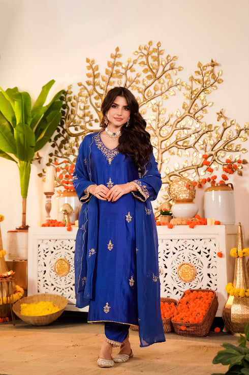 Alvami Women's Blue Embroidered Silk Straight Kurta Pant with Dupatta set