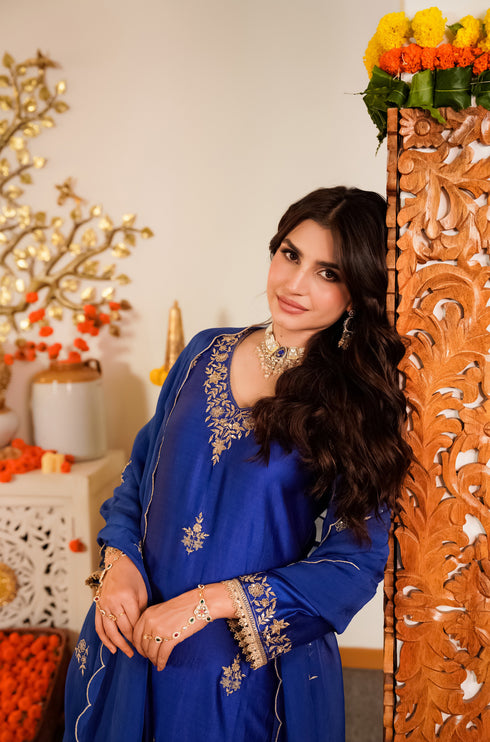 Alvami Women's Blue Embroidered Silk Straight Kurta Pant with Dupatta set