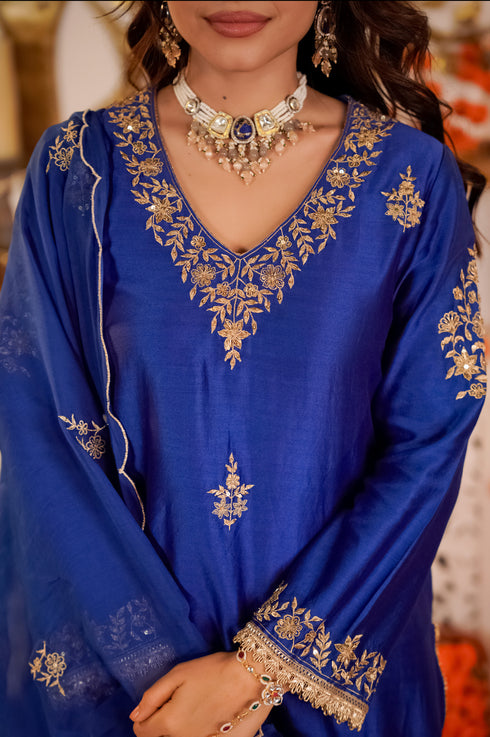 Alvami Women's Blue Embroidered Silk Straight Kurta Pant with Dupatta set