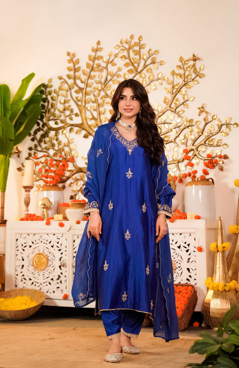 Alvami Women's Blue Embroidered Silk Straight Kurta Pant with Dupatta set