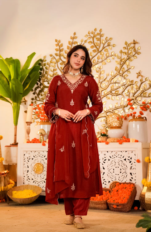 Alvami Women's Red Embroidered Silk Straight Kurta Pant with Dupatta set