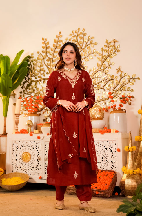 Alvami Women's Red Embroidered Silk Straight Kurta Pant with Dupatta set