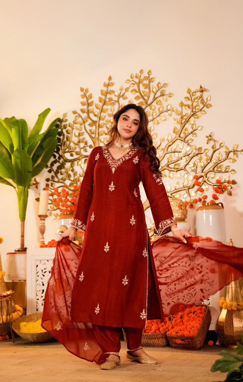 Alvami Women's Red Embroidered Silk Straight Kurta Pant with Dupatta set