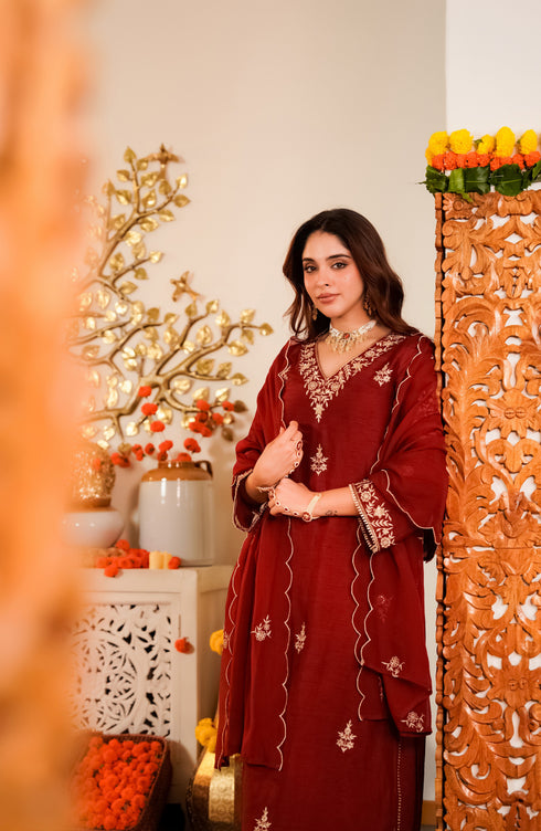 Alvami Women's Red Embroidered Silk Straight Kurta Pant with Dupatta set