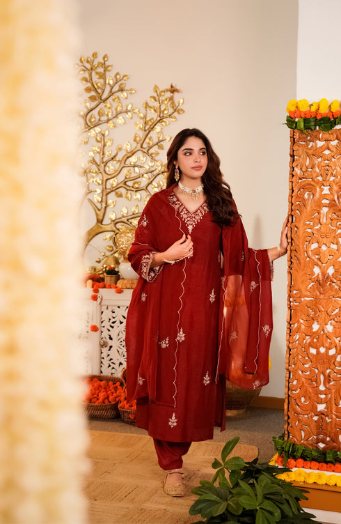 Alvami Women's Red Embroidered Silk Straight Kurta Pant with Dupatta set