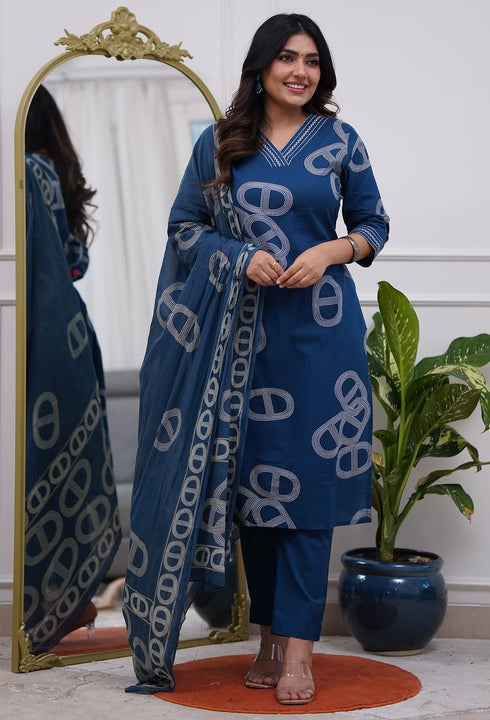 Alvami Women's Blue Viscose Printed Straight Kurta Pant with Dupatta Set