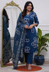 Alvami Women's Blue Viscose Printed Straight Kurta Pant with Dupatta Set