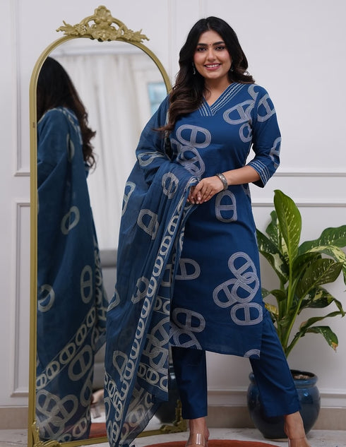 Alvami Women's Blue Viscose Printed Straight Kurta Pant with Dupatta Set