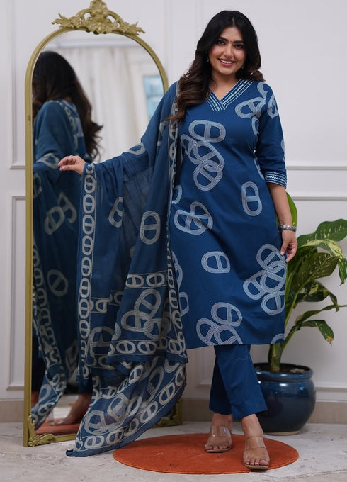 Alvami Women's Blue Viscose Printed Straight Kurta Pant with Dupatta Set