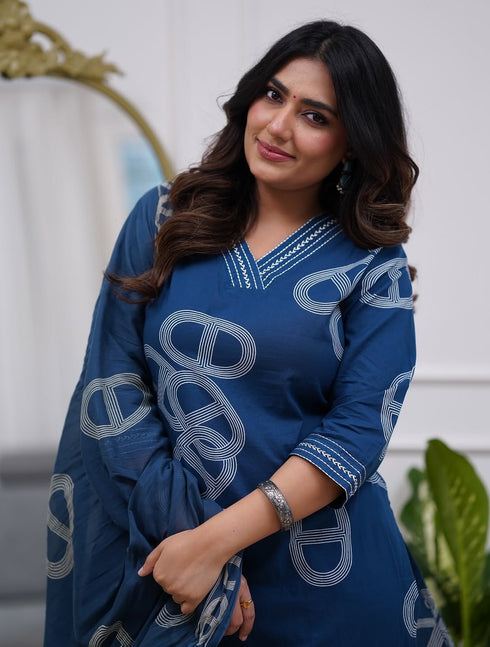 Alvami Women's Blue Viscose Printed Straight Kurta Pant with Dupatta Set