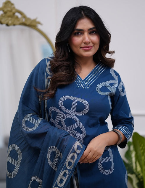 Alvami Women's Blue Viscose Printed Straight Kurta Pant with Dupatta Set
