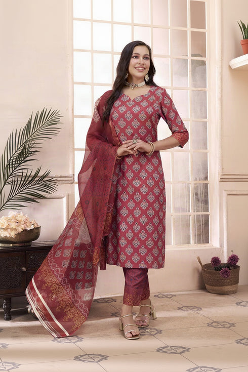 Alvami Women's Maroon Printed Straight Kurta Pant Set with Dupatta