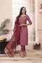Alvami Women's Maroon Printed Straight Kurta Pant Set with Dupatta