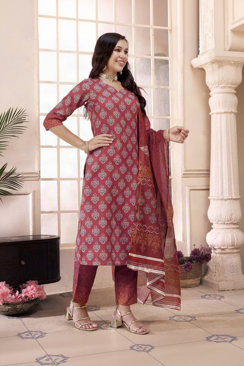 Alvami Women's Maroon Printed Straight Kurta Pant Set with Dupatta