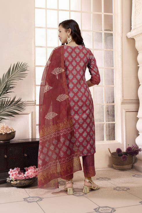 Alvami Women's Maroon Printed Straight Kurta Pant Set with Dupatta