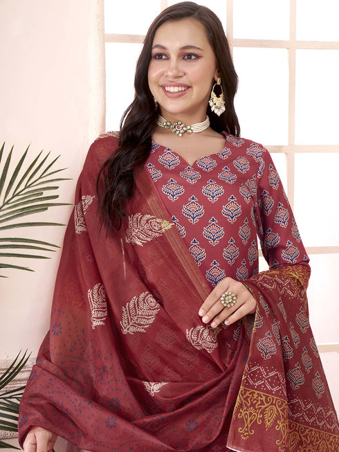 Alvami Women's Maroon Printed Straight Kurta Pant Set with Dupatta
