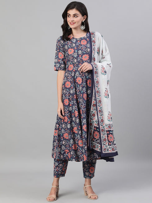 Viscose Floral Printed Blue Kurta And Pant Set With Dupatta