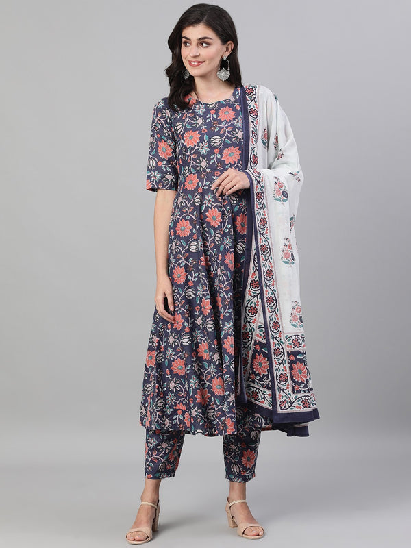 Viscose Floral Printed Blue Kurta And Pant Set With Dupatta