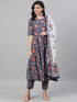 Viscose Floral Printed Blue Kurta And Pant Set With Dupatta