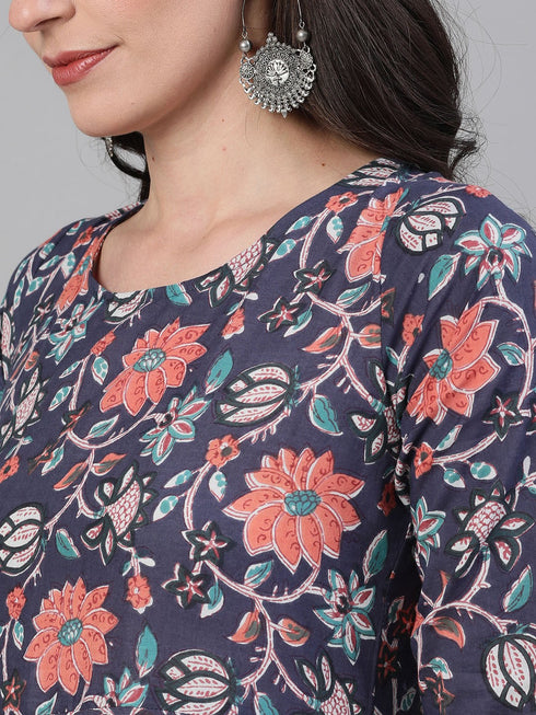 Viscose Floral Printed Blue Kurta And Pant Set With Dupatta