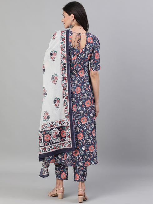 Viscose Floral Printed Blue Kurta And Pant Set With Dupatta