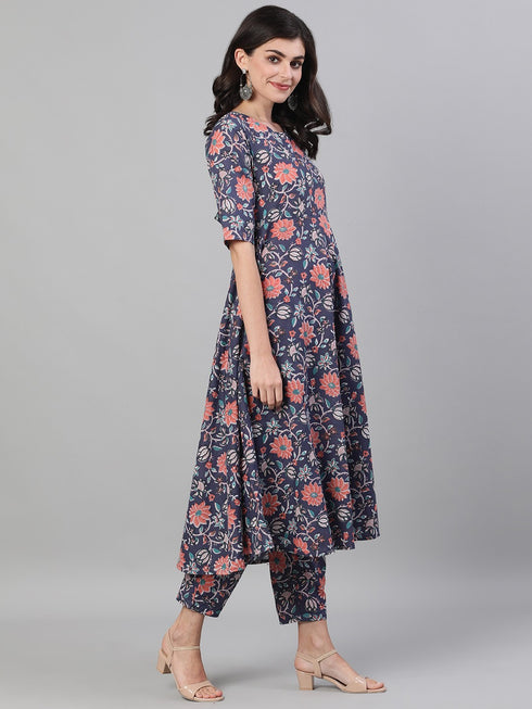 Viscose Floral Printed Blue Kurta And Pant Set With Dupatta
