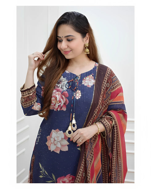 Blue Printed Viscose Rayon Kurta, Sharara And Dupatta Set