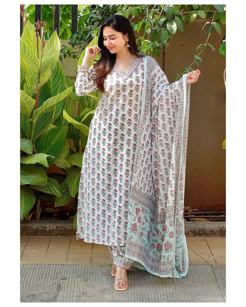 White Printed Viscose Rayon Kurta And Pant Set