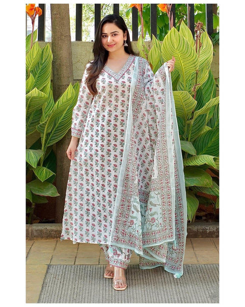 White Printed Viscose Rayon Kurta And Pant Set