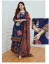 Blue Printed Viscose Rayon Kurta, Sharara And Dupatta Set