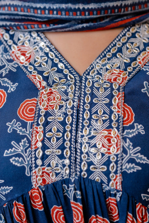 Women Blue Printed Viscose Rayon Kurta, Pant And Dupatta Set