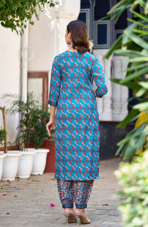 Blue Floral Print, Embellished Viscose Rayon Kurta, Pant And Dupatta Set