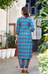 Blue Floral Print, Embellished Viscose Rayon Kurta, Pant And Dupatta Set