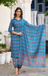 Blue Floral Print, Embellished Viscose Rayon Kurta, Pant And Dupatta Set