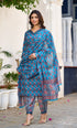 Blue Floral Print, Embellished Viscose Rayon Kurta, Pant And Dupatta Set