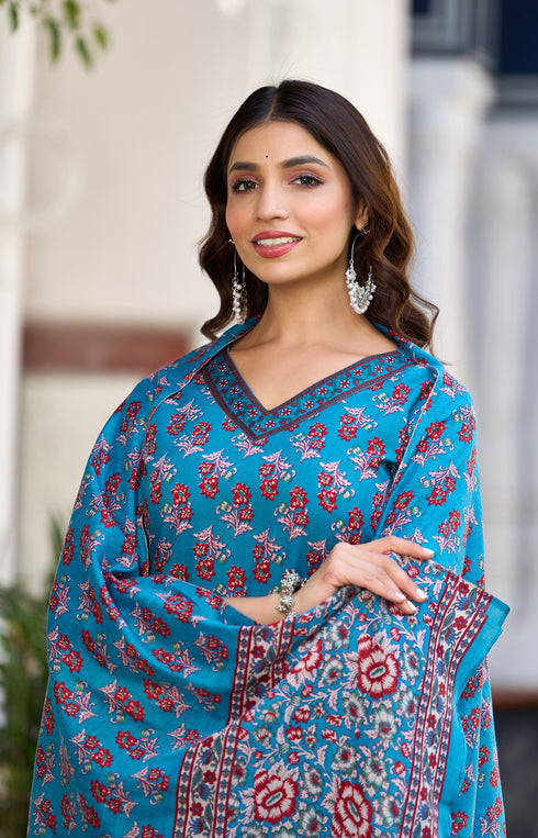 Blue Floral Print, Embellished Viscose Rayon Kurta, Pant And Dupatta Set