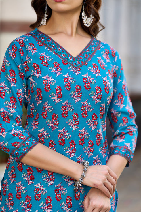 Blue Floral Print, Embellished Viscose Rayon Kurta, Pant And Dupatta Set