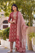 Maroon, Beige Checkered Viscose Rayon Kurta, Pant And Dupatta Set