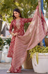 Maroon, Beige Checkered Viscose Rayon Kurta, Pant And Dupatta Set