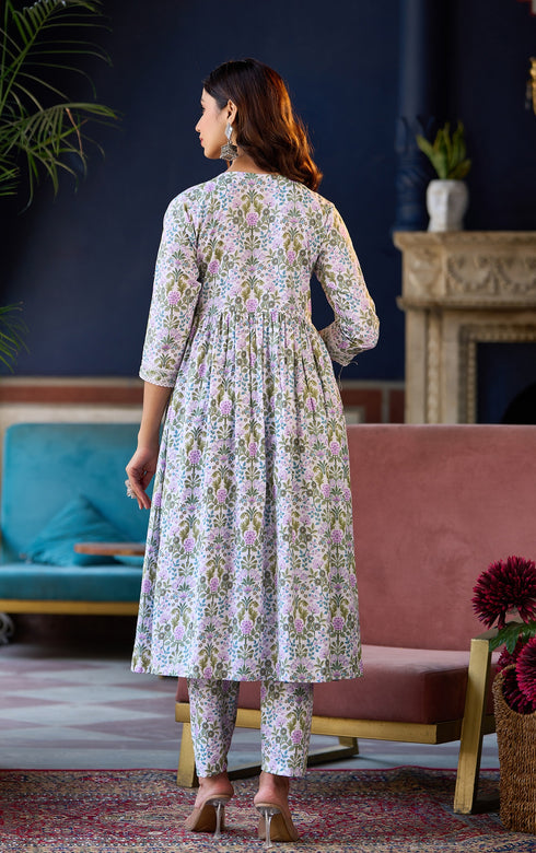 White Printed Pure Cotton Kurta And Pant Set